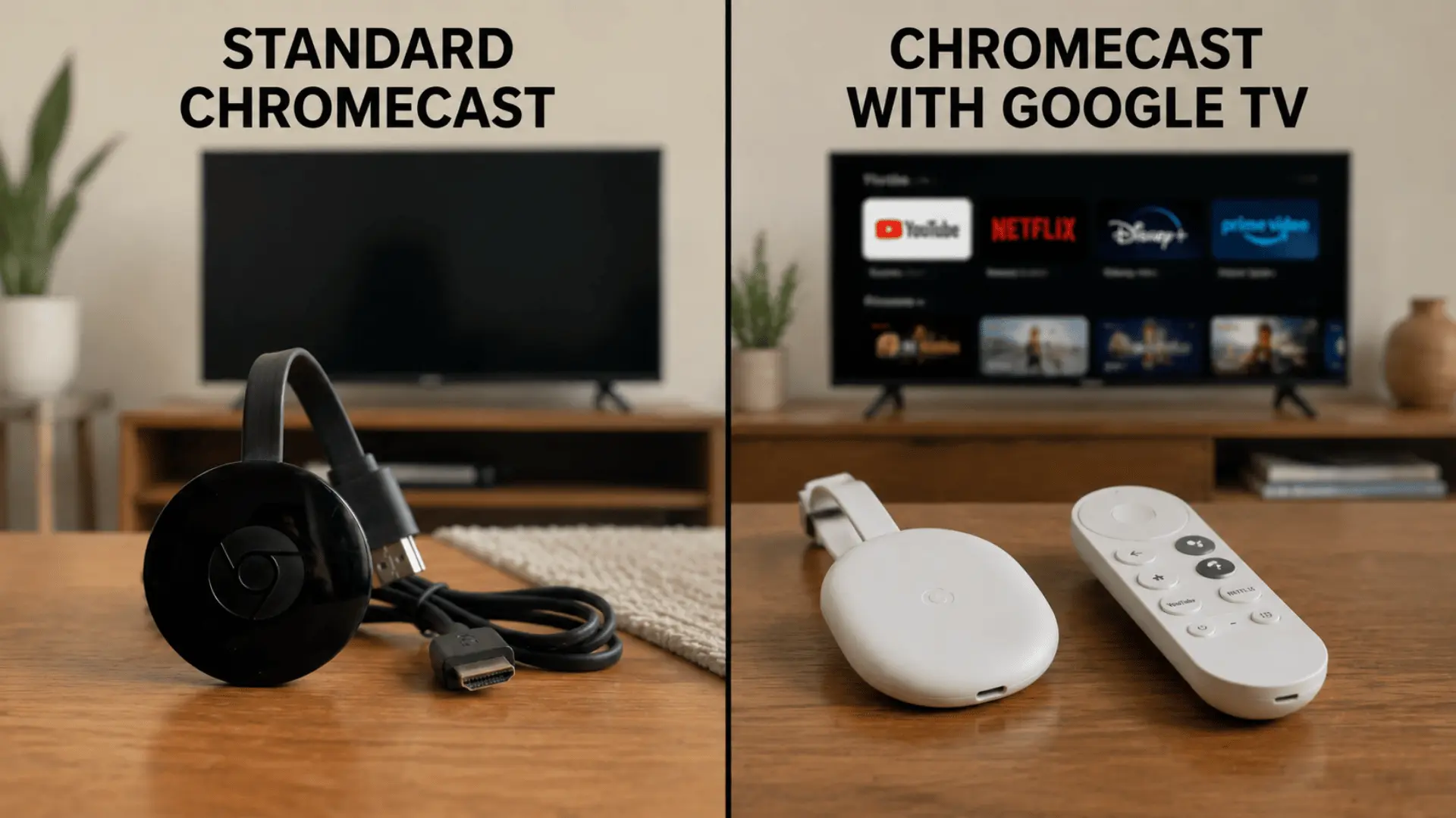 Chromecast dongle next to Chromecast with Google TV on table with labels and partition