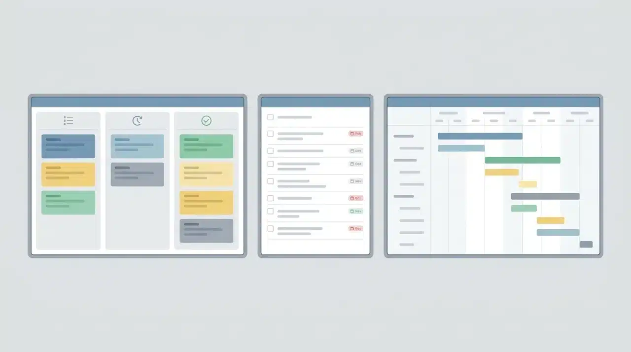 Three panel layout showing the same tasks displayed as a Kanban board, a list, and a Gantt bar chart.