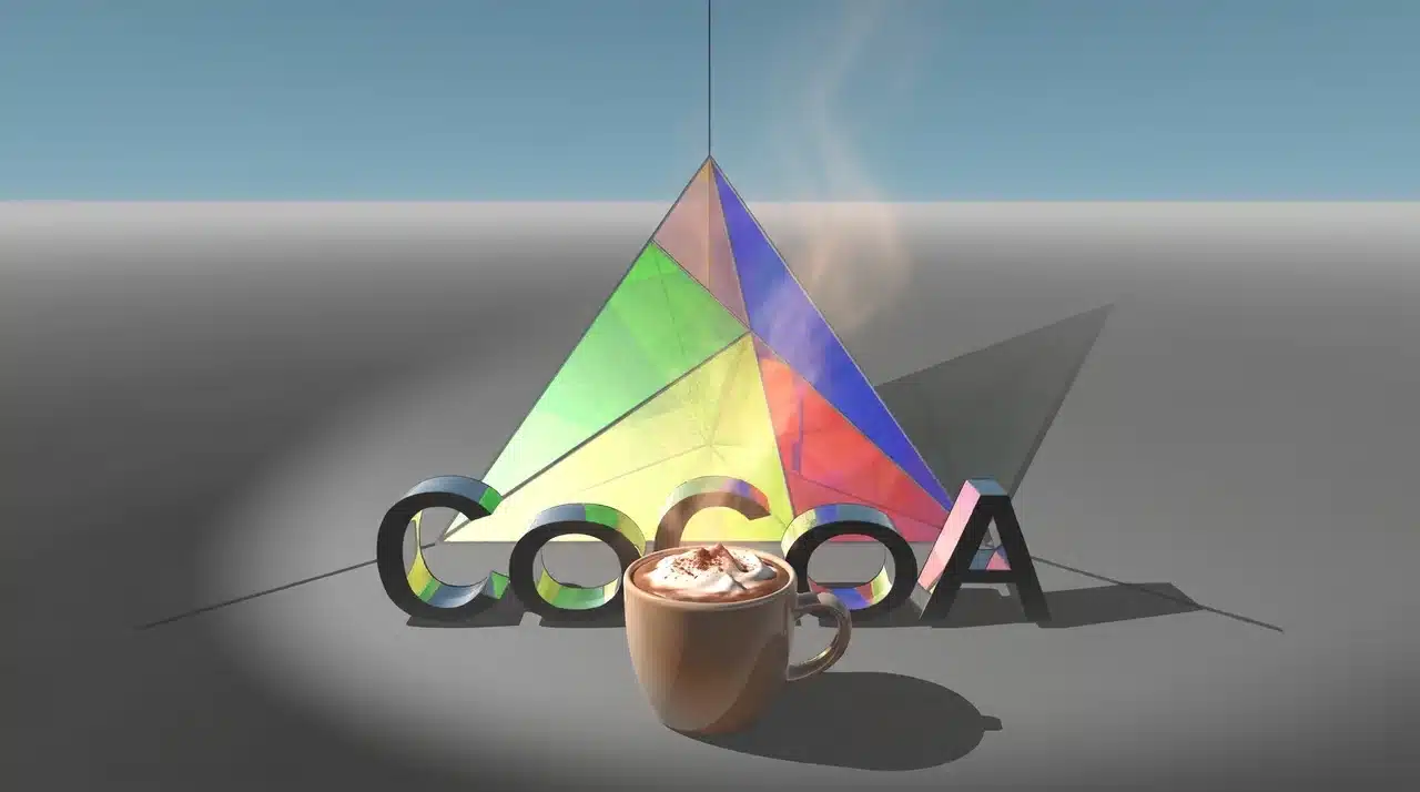 Cocoa framework name in 3D metallic letters with a colorful geometric shape and coffee cup
