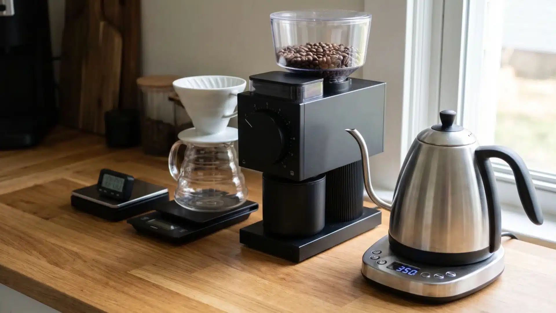 coffee grinder and electric kettle on brewing station counter