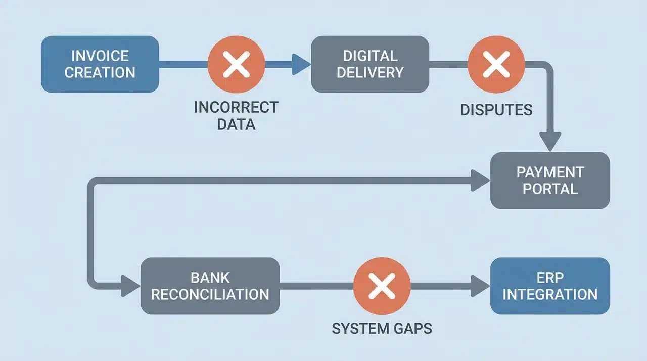 Diagram of AR automation workflow with highlighted points of failure including data errors and disputes.