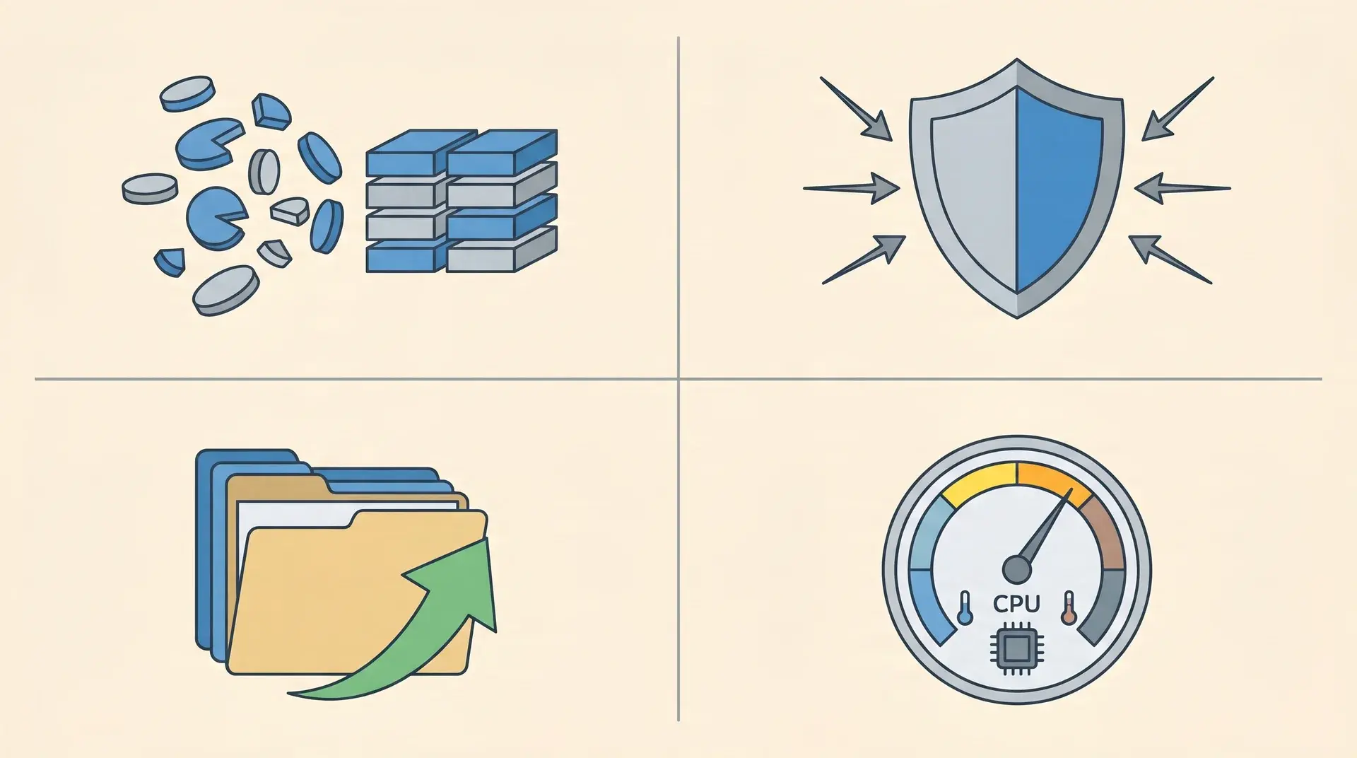 Four-quadrant illustration showing disk fragments, a shield, file folders with restore arrow, and a CPU temperature gauge