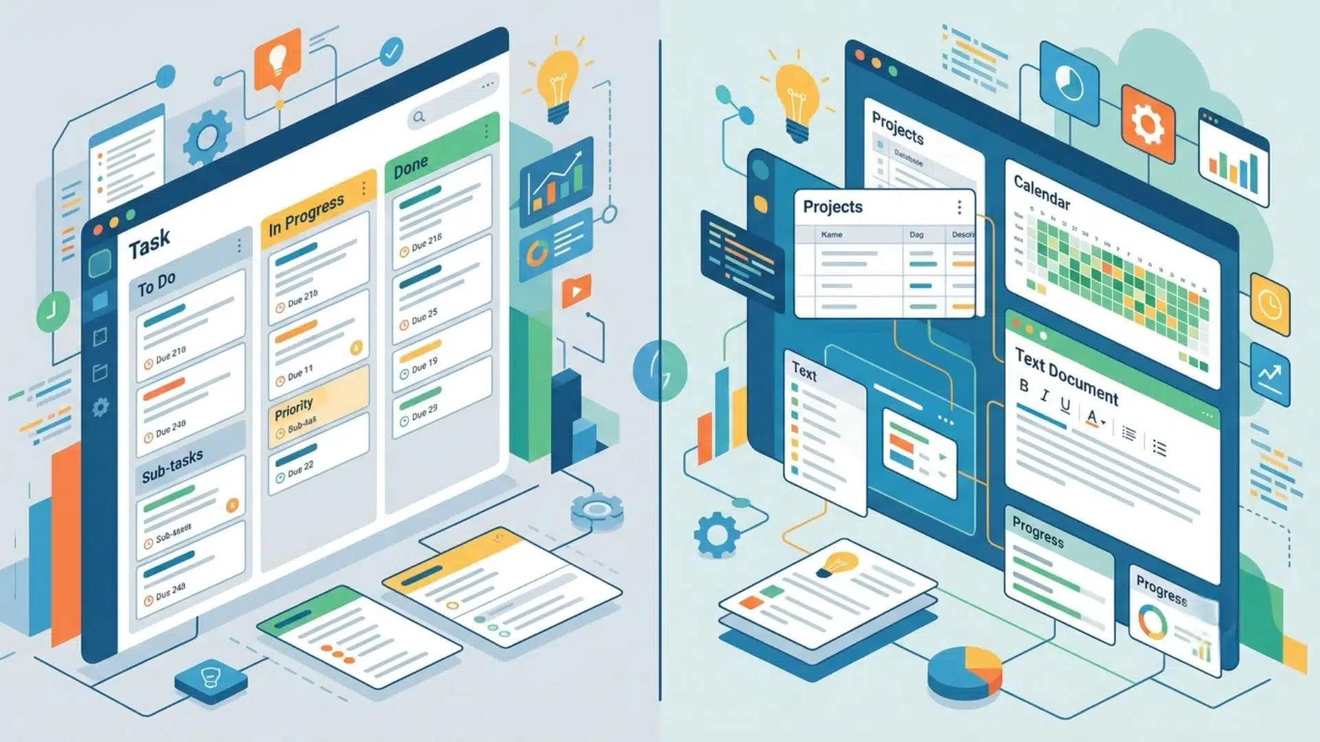 split workspace showing structured task system and all-in-one work platform interface side by side