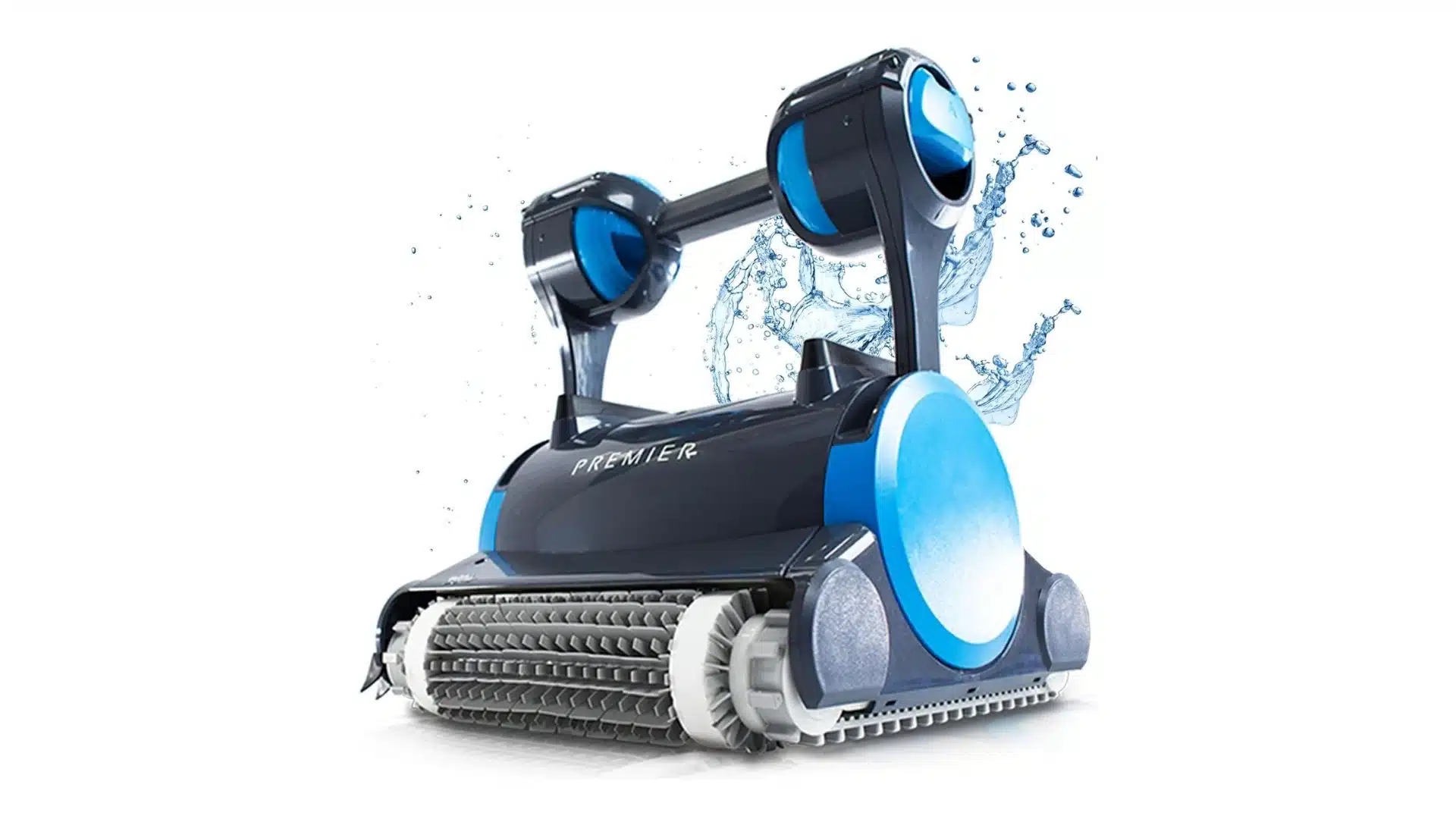 Heavy-duty robotic pool vacuum with dual brush rollers and front intake system designed for deep pool floor and wall cleaning