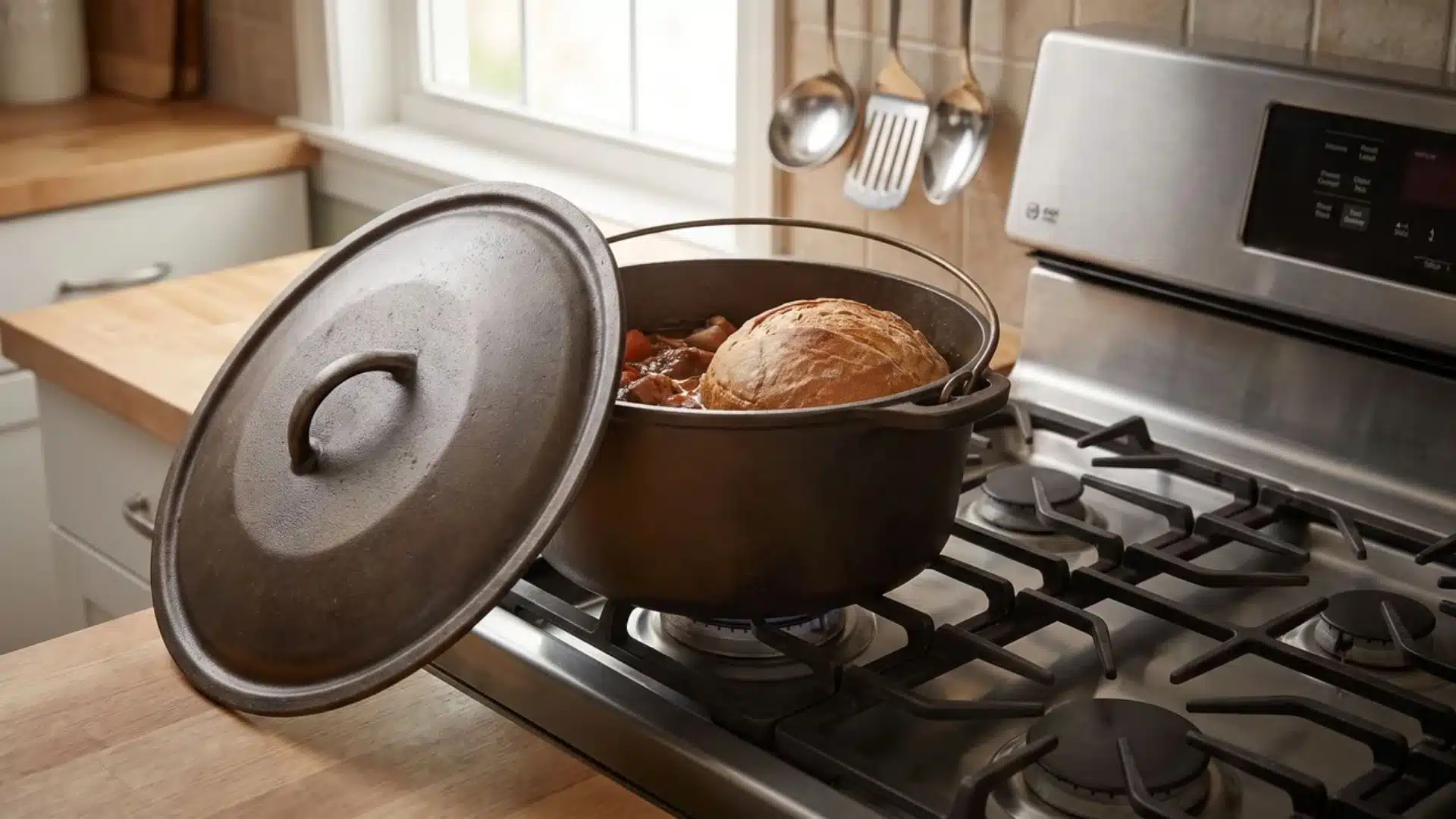 cast iron Dutch oven on kitchen surface