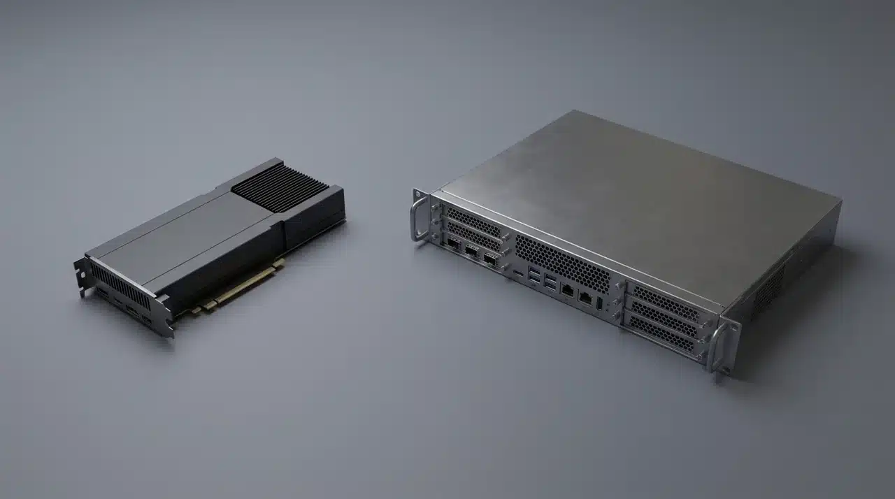 Compact GPU edge module and rack-style orchestration node shown as two distinct hardware categories.