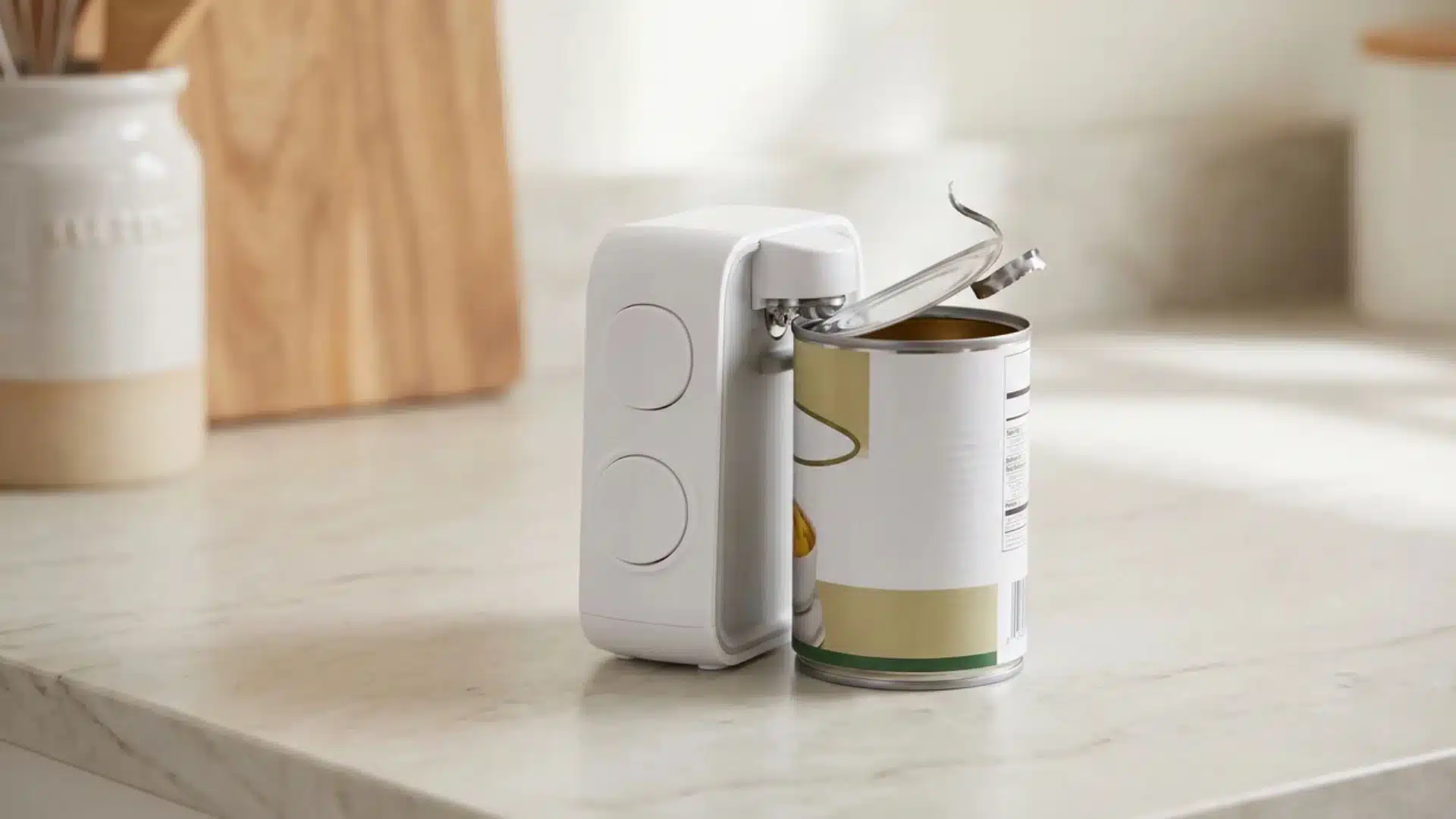 electric can opener placed next to canned food on kitchen counter