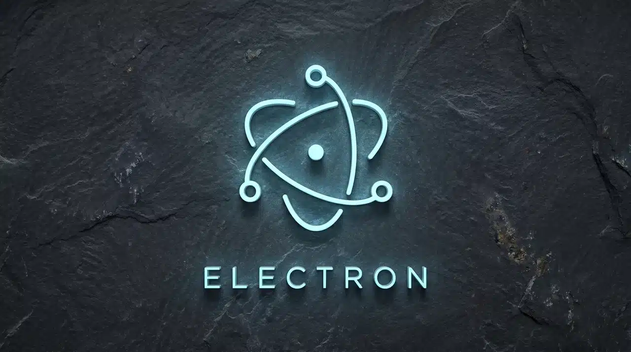 Electron.js logo displayed as a glowing neon icon on a dark stone surface