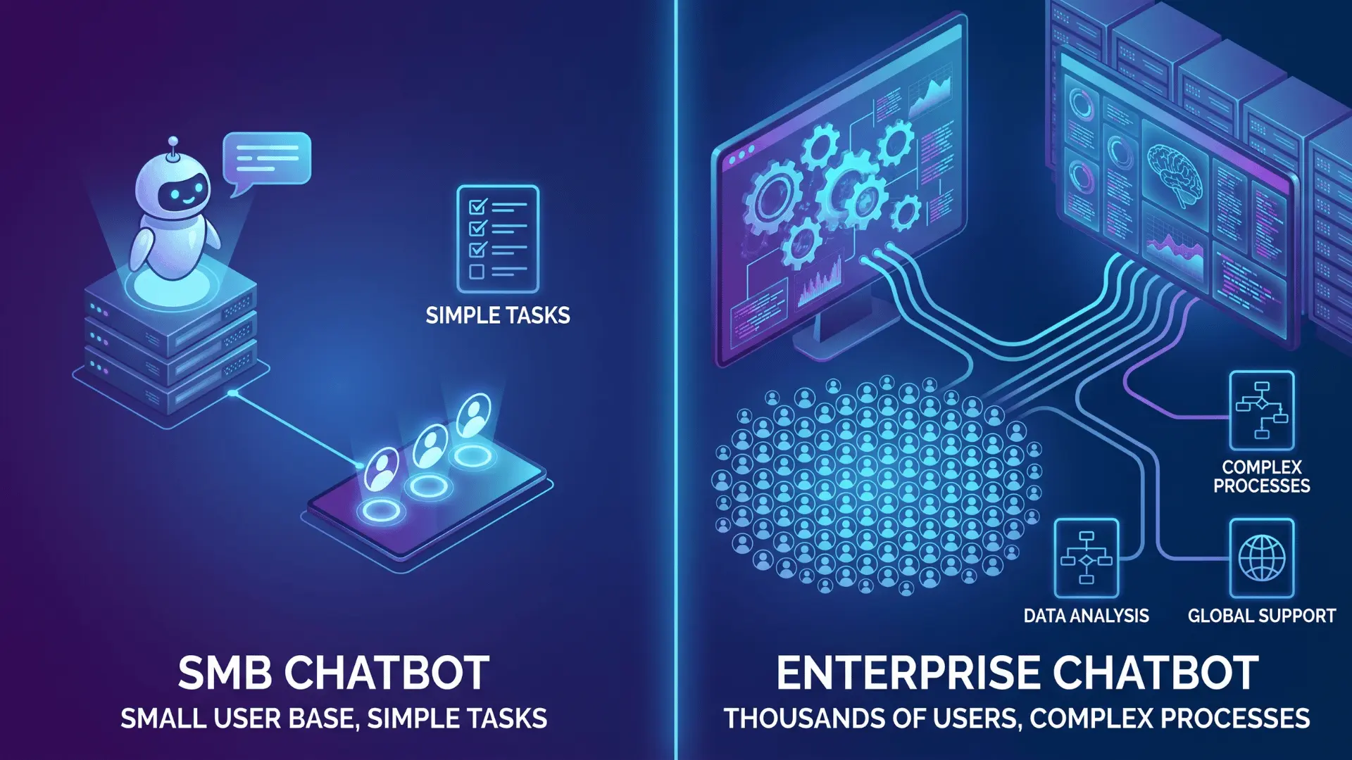 Comparison of SMB chatbot and enterprise chatbot scale and functionality