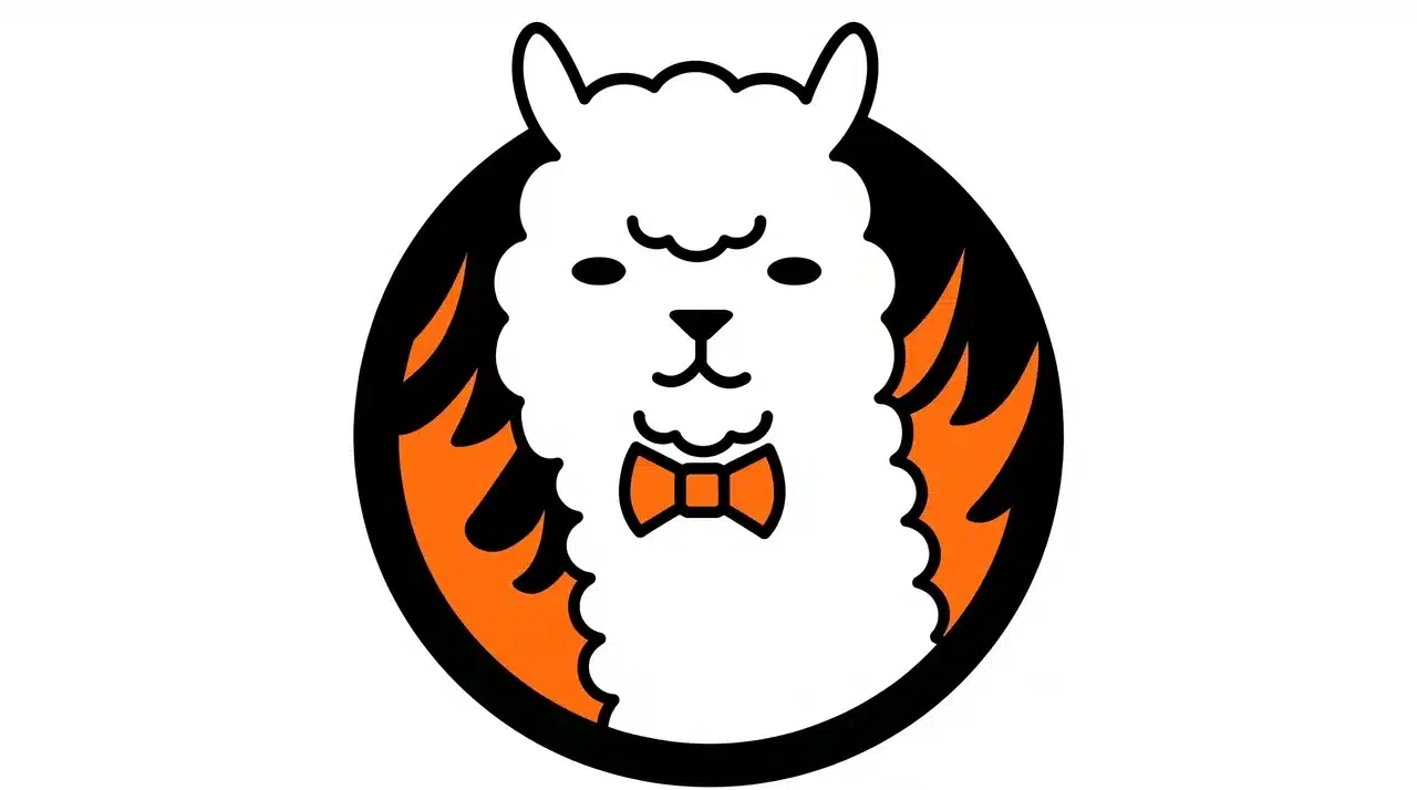 FireAlpaca logo — white alpaca illustration with orange bow tie inside a black circle with orange flame shapes on a white background
