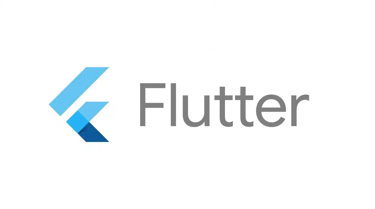 Flutter framework logo with the blue geometric icon and grey wordmark on white background