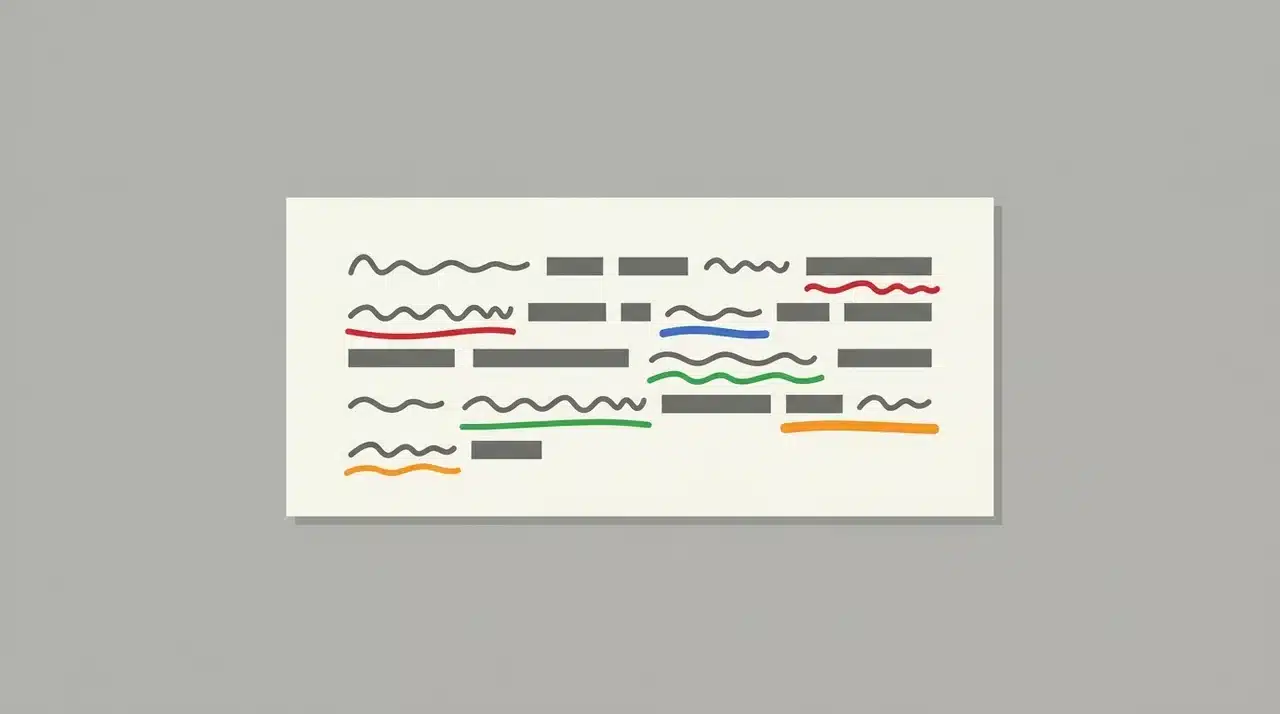 Short paragraph with words underlined in multiple colors indicating different error categories.