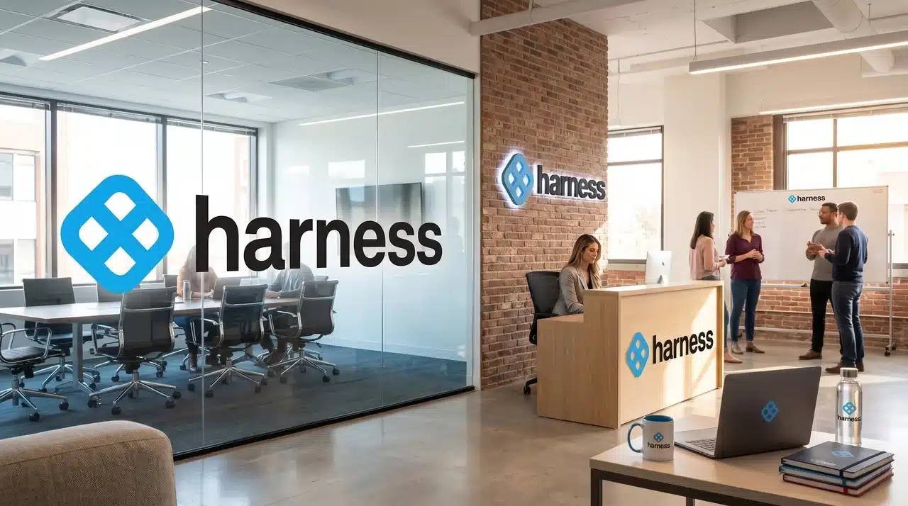 Harness office space featuring the Harness logo prominently displayed on a glass conference room wall and reception desk, with the blue diamond shaped brand icon and harness wordmark visible across multiple surfaces throughout the modern brick and glass workspace.
