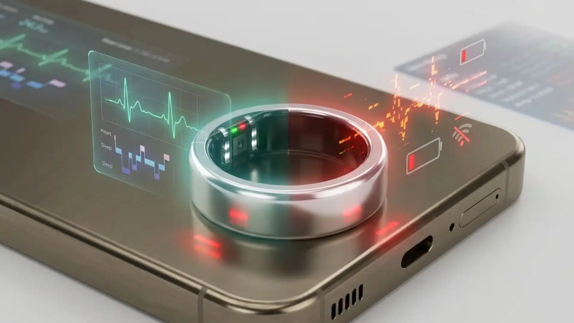 smart ring showing biometric tracking data with signals of battery and connectivity issues representing performance and reliability contrast