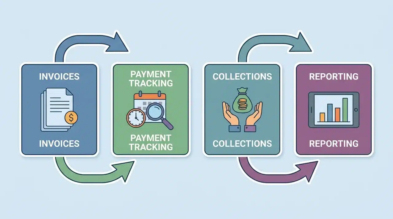 Labeled diagram of AR automation stages linking invoices, payment tracking, collections, and reporting in sequence.