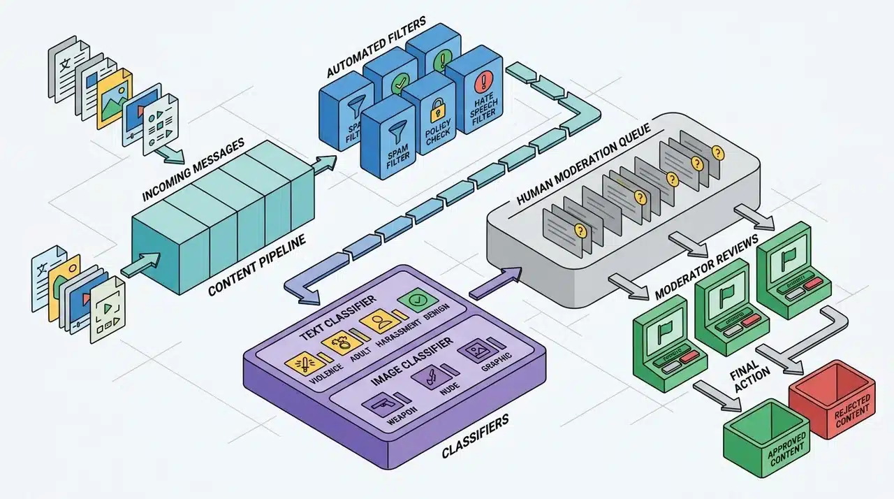 Diagram of Character.AI content passing through classifiers, safety filters, and human moderation