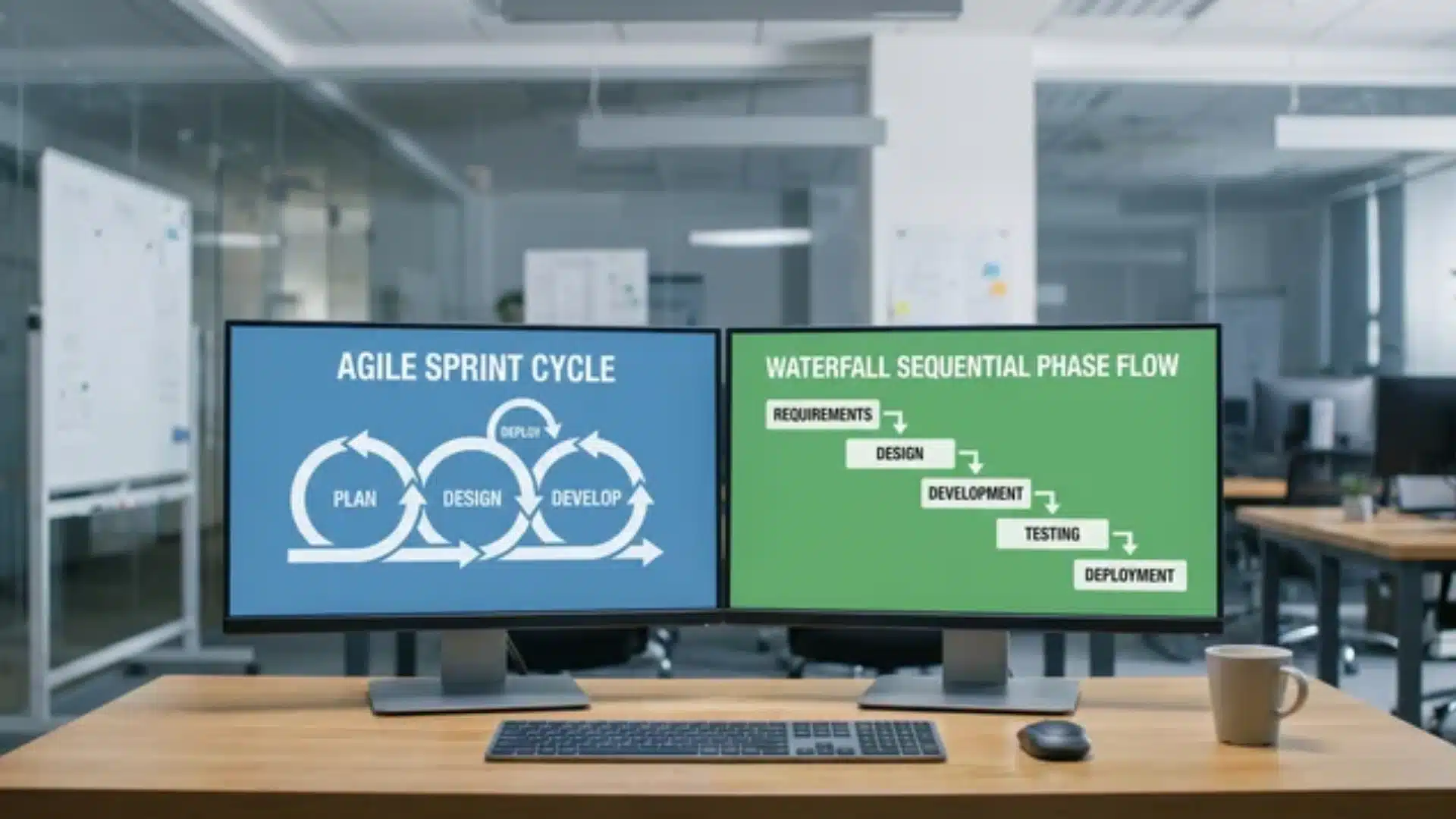 Side-by-side Agile and Waterfall SDLC diagrams with clearly labeled phases and readable workflow steps
