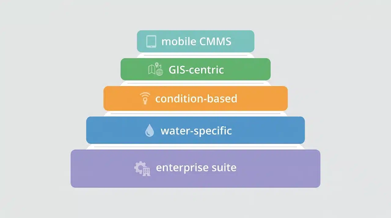 Tiered flat illustration showing five stacked platform categories from GIS-centric to mobile CMMS by scope and complexity