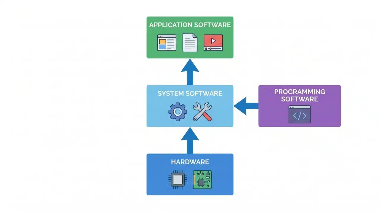 Vertical flow diagram showing hardware, system software, and application software connected