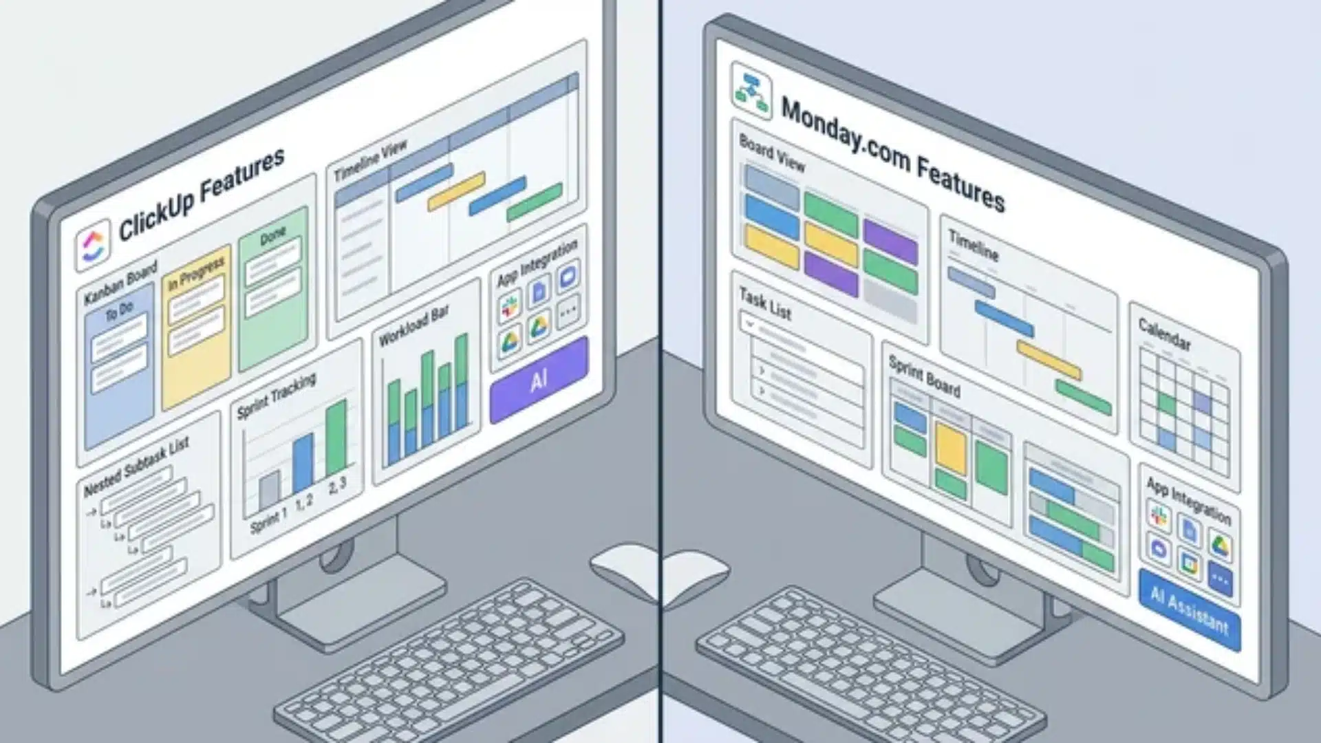 ClickUp and Monday.com workspace showing boards, calendars, tasks, integrations, and AI features in an isometric layout