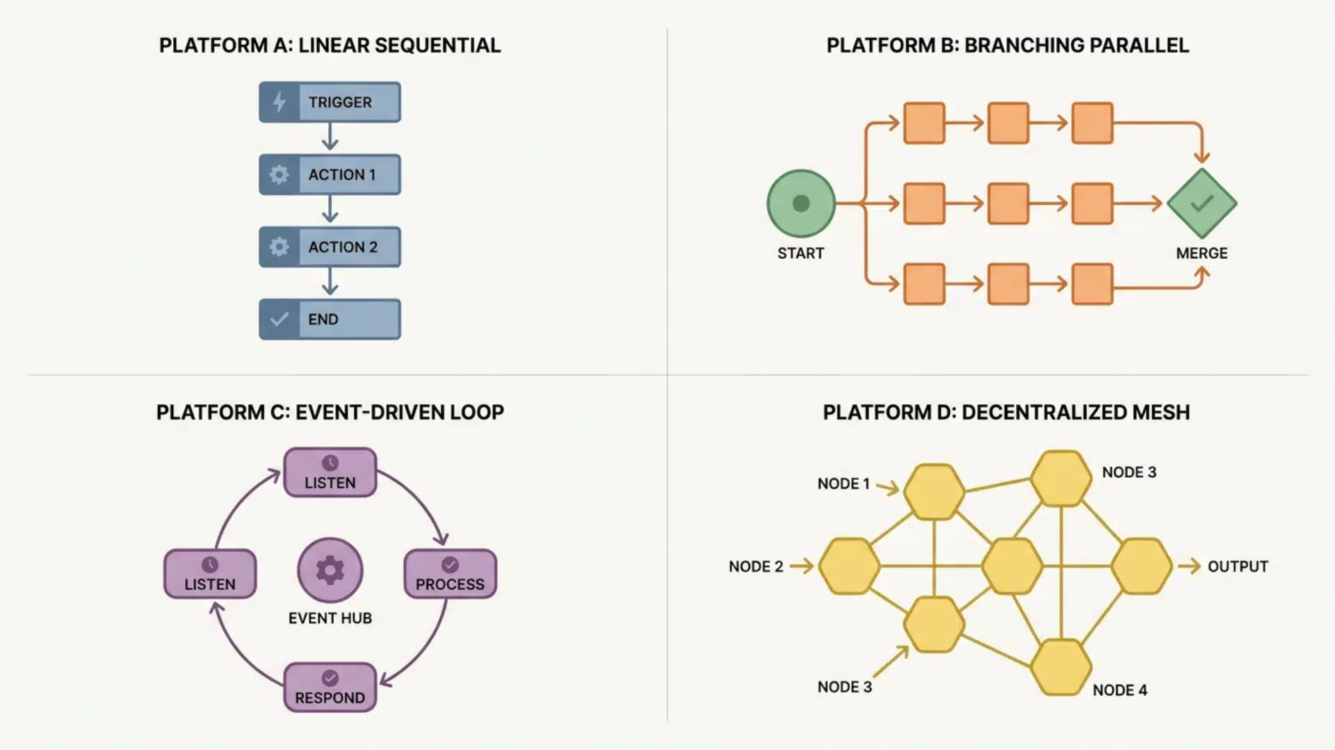 comparison of four automation platforms shown as workflow structures
