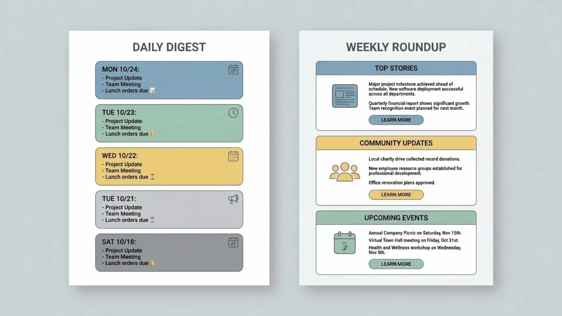 Two flat illustrated email digest layouts side by side showing varying structure and content density