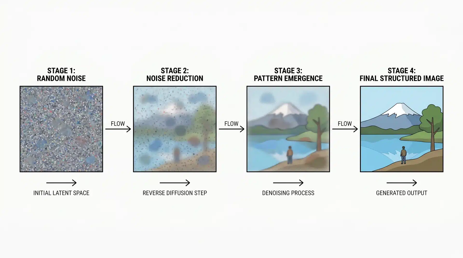 Four-stage diagram showing a noise field progressively resolving into a structured image form