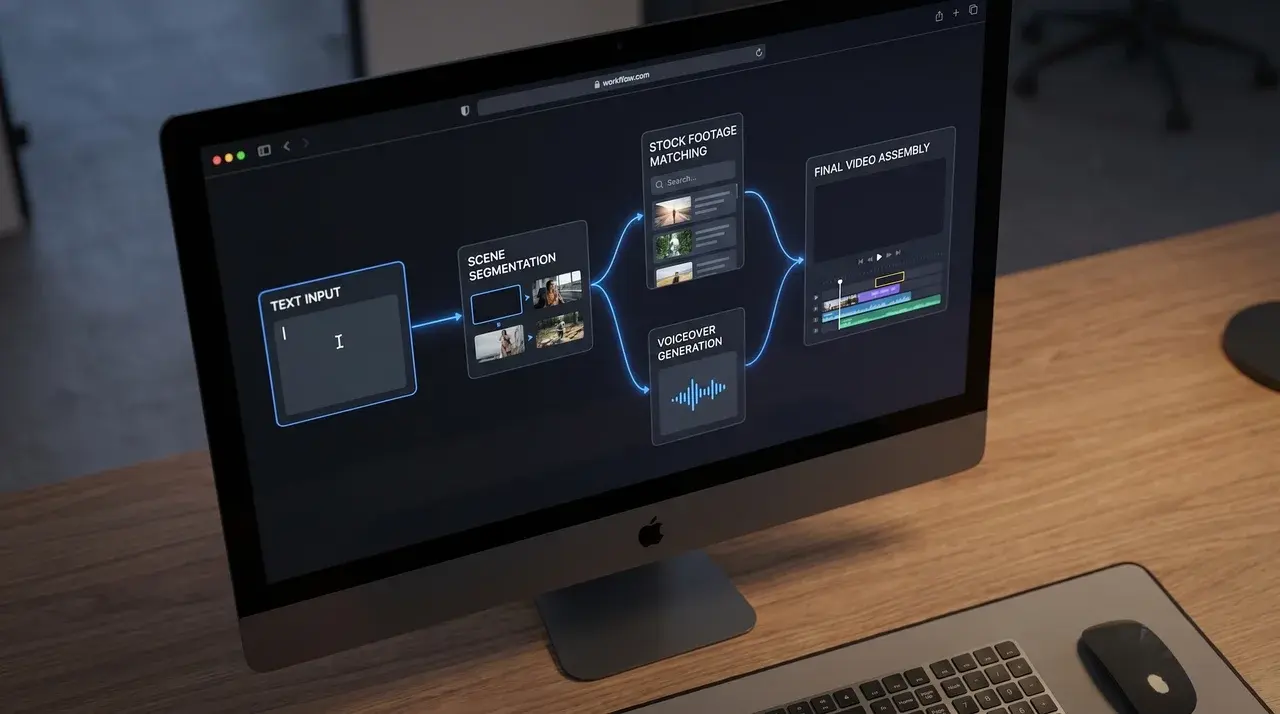 AI text-to-video workflow showing content segmentation, footage matching, and automated video production steps.