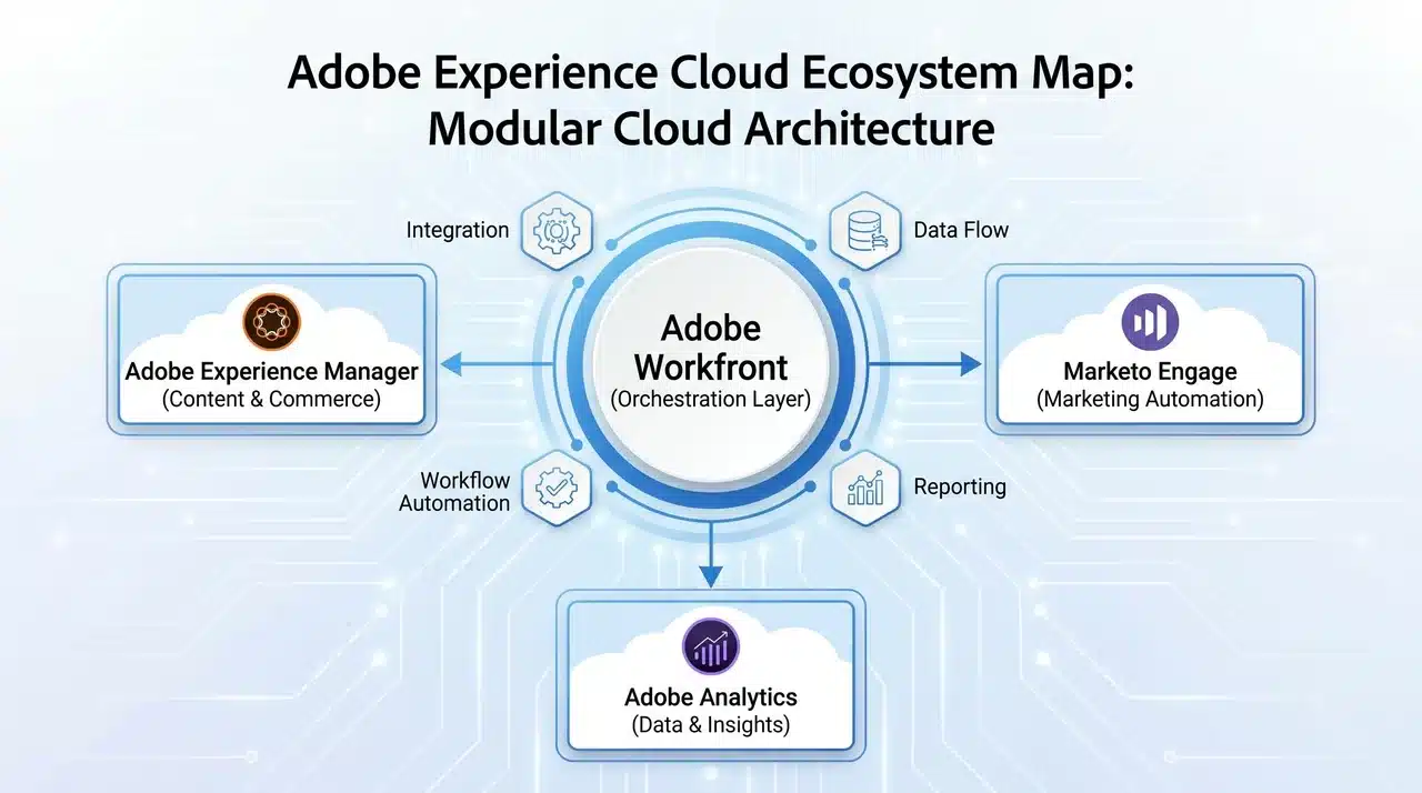 Adobe Workfront positioned within Adobe Experience Cloud ecosystem with integrated enterprise tools
