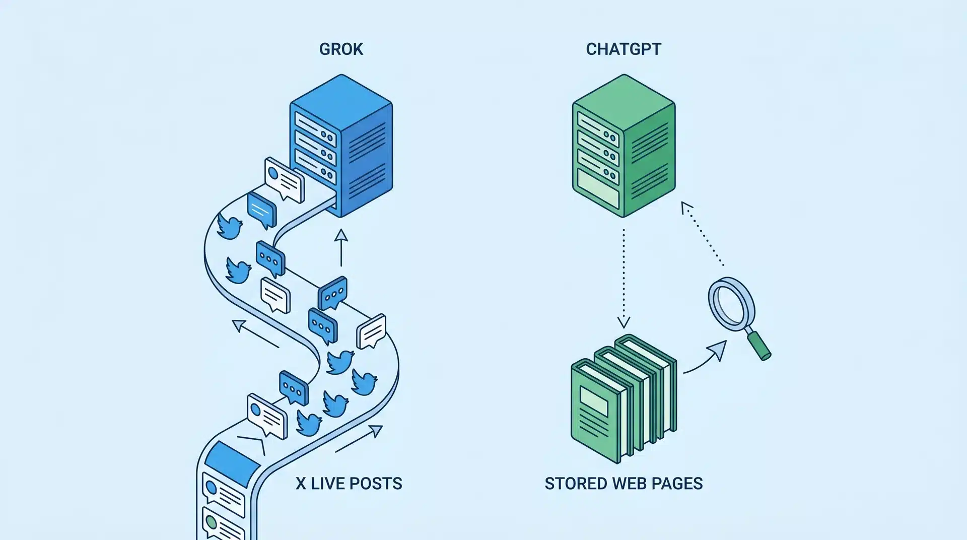 Diagram of Grok pulling live X posts and ChatGPT pulling stored web pages