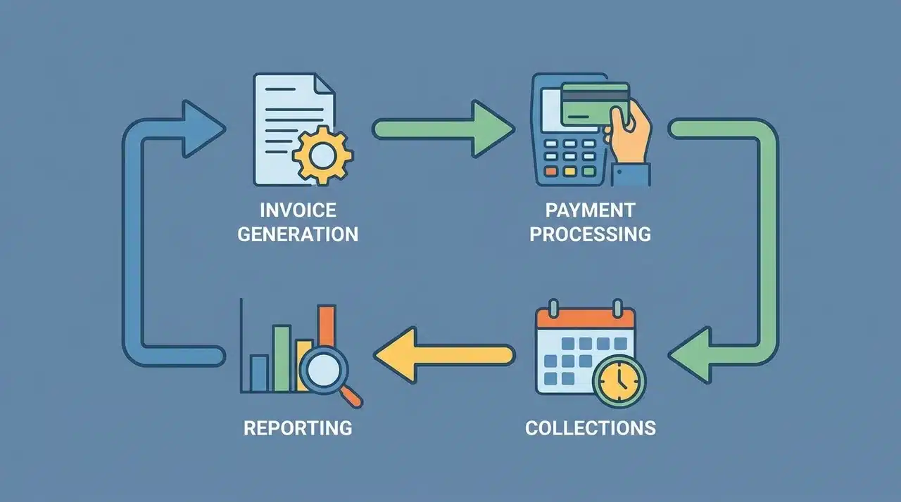 Diagram of AR automation stages showing invoice generation, payment processing, collections, and reporting linked together.