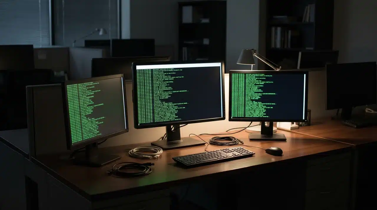 Three monitors on a workstation desk showing scrolling terminal log output