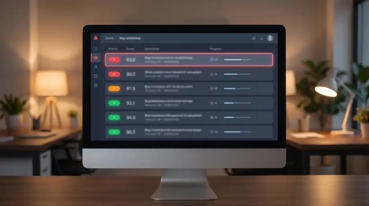 Desktop monitor showing a fictional issue tracking interface with colored priority badges and score indicators beside each row