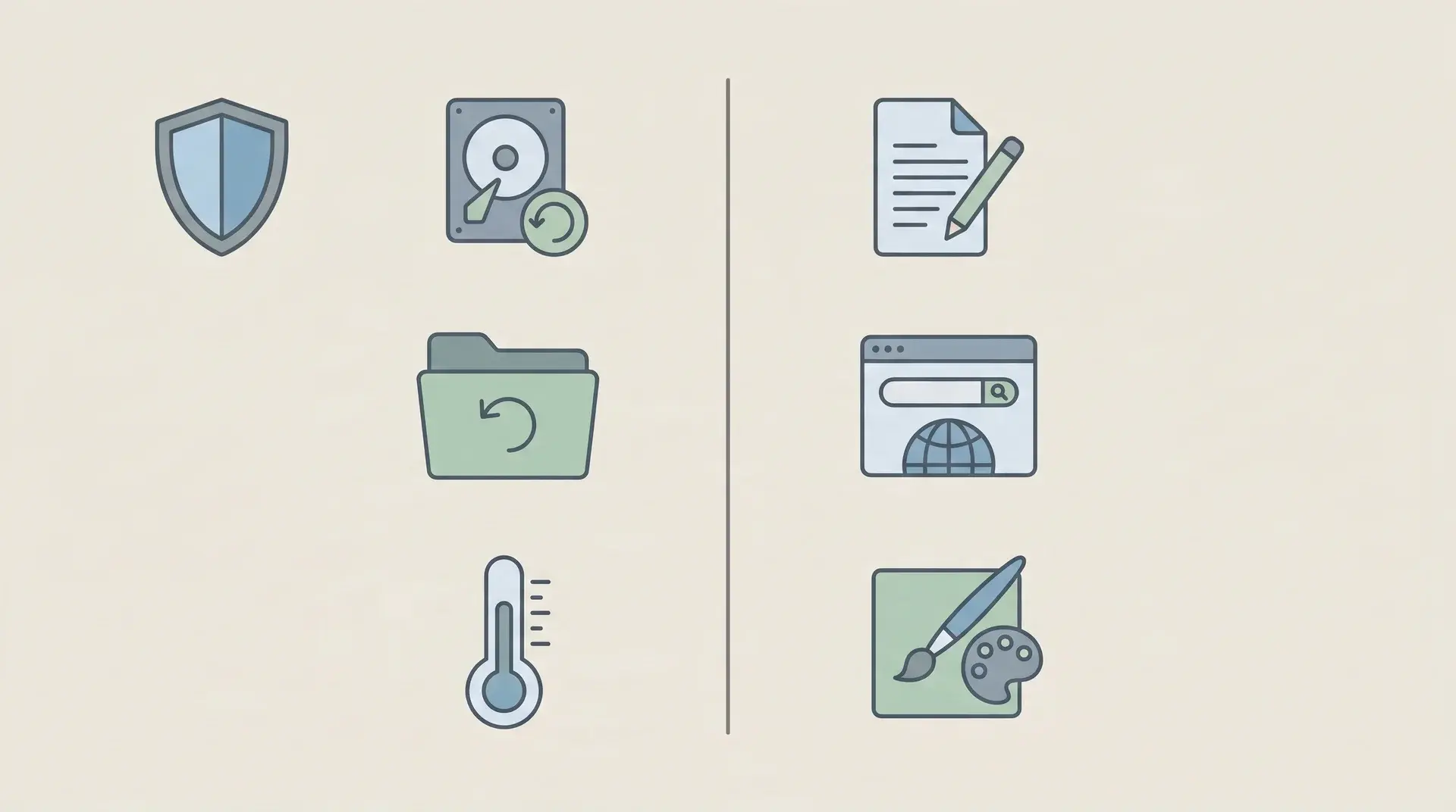 Two columns of icons separated by a vertical line — system-facing utility icons on one side, user-facing application icons on the other