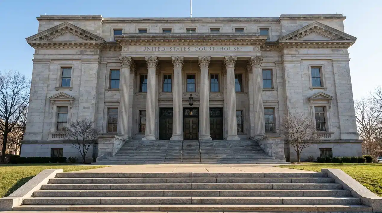 Exterior view of a United States courthouse with stone columns and steps representing the legal system
