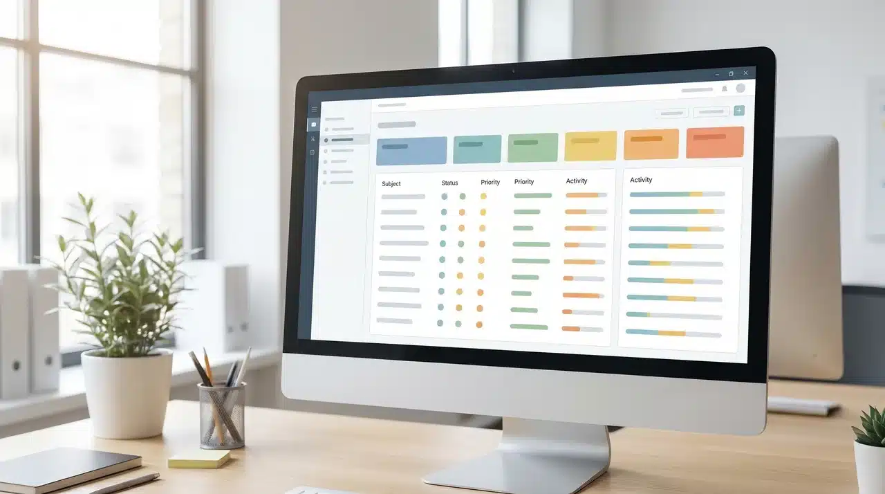 Desktop monitor on a wooden desk displaying a colorful grid dashboard with rows of status indicators and priority columns