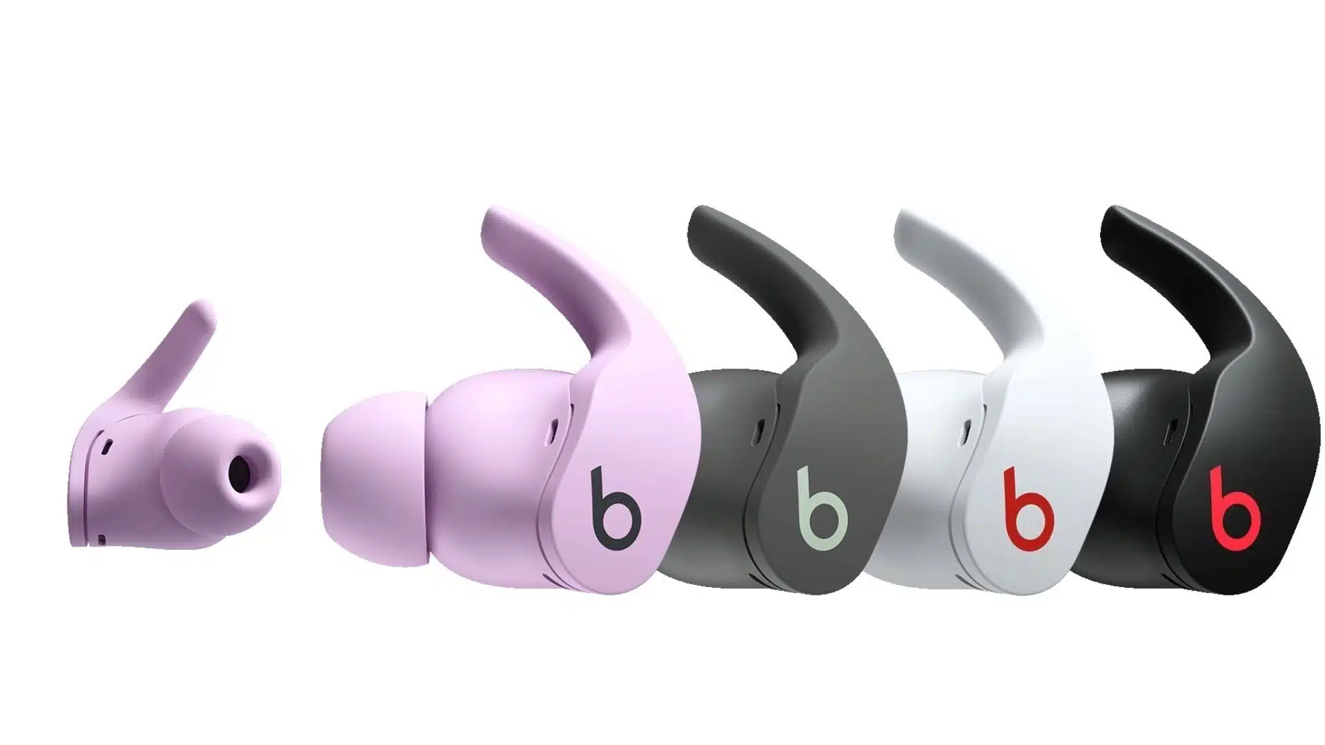 wireless earbuds with interchangeable wingtip ear hooks shown in multiple colors arranged in a product lineup on white background