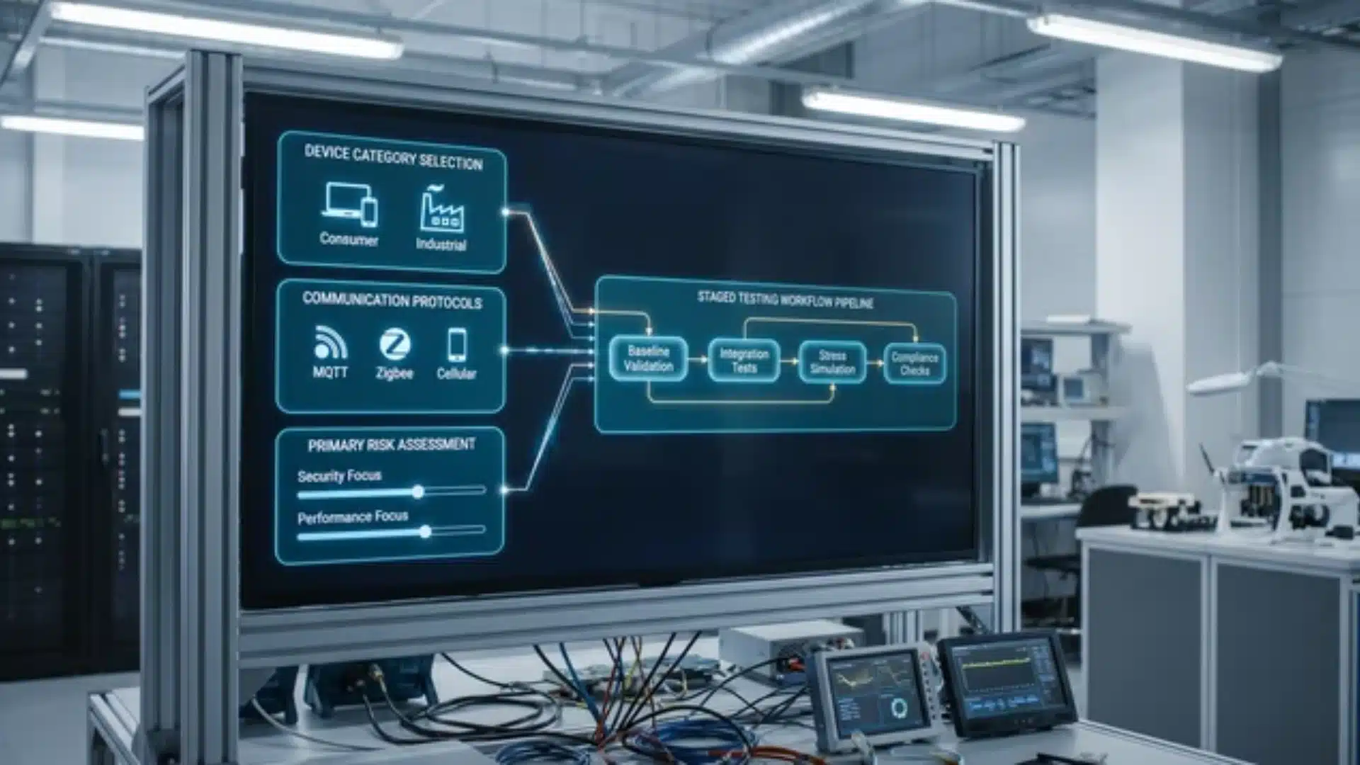 IoT testing framework dashboard showing device type, protocols, and risk inputs connected to staged testing workflow pipeline