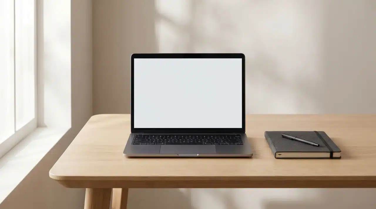 Minimal desk with a single laptop, notebook, and pen representing a focused and lean AI productivity setup