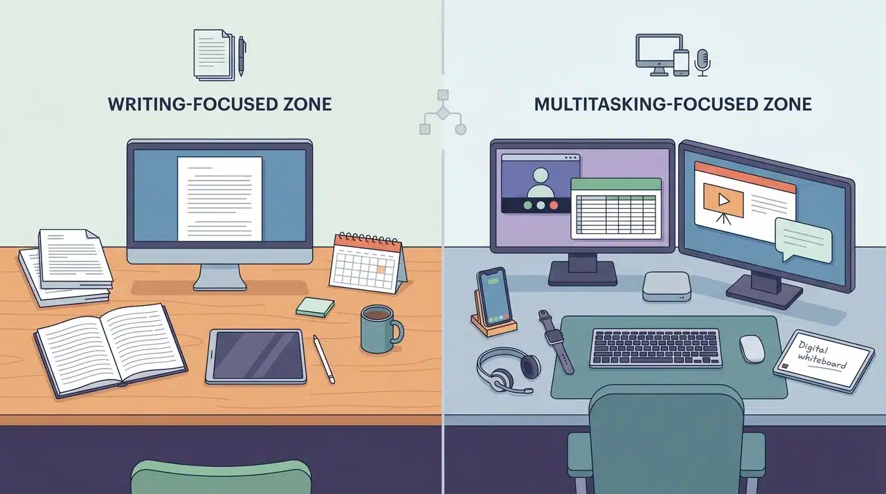 Workflow comparison between writing-focused and multitasking AI use cases