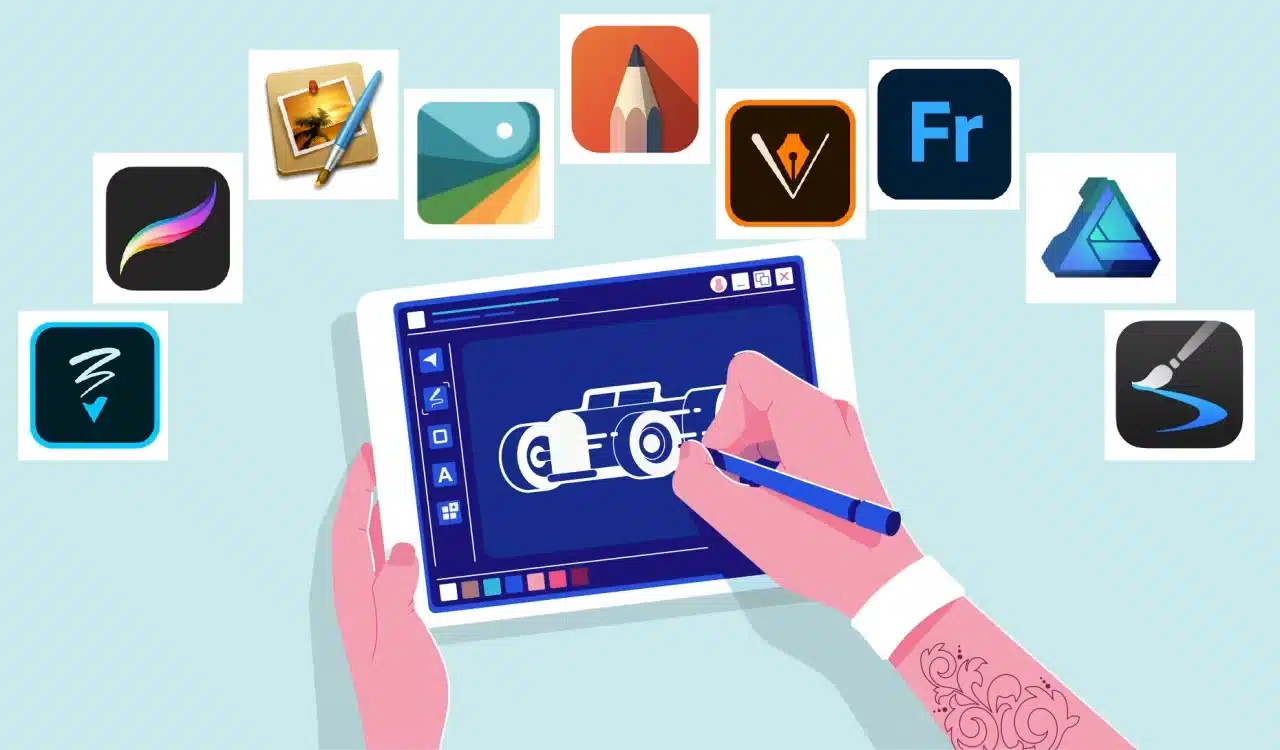 Illustrated hands drawing a vehicle outline on a tablet with a stylus, surrounded by multiple drawing app icons on a light blue background
