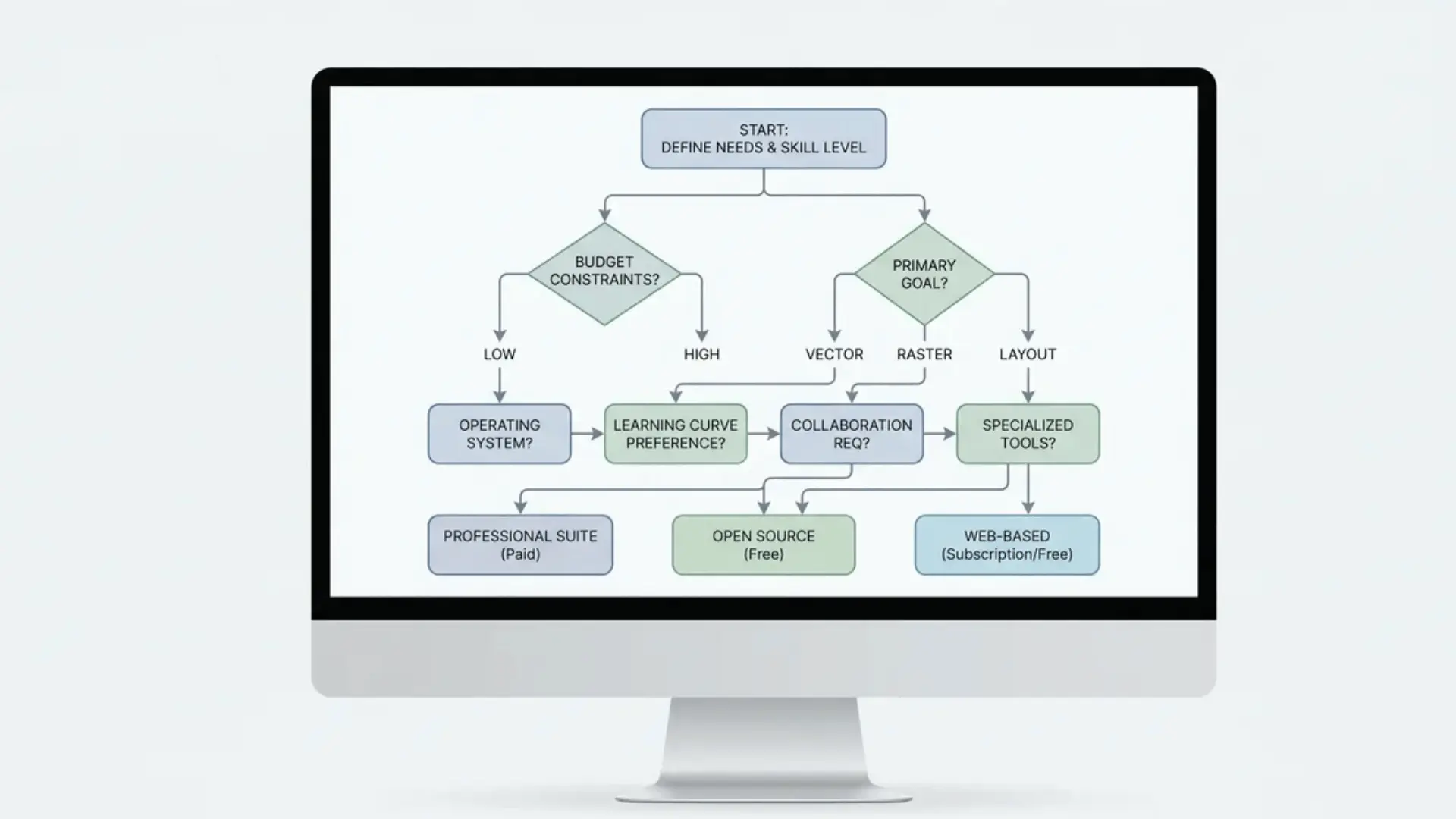 Flowchart diagram illustrating steps to select the best graphic design software