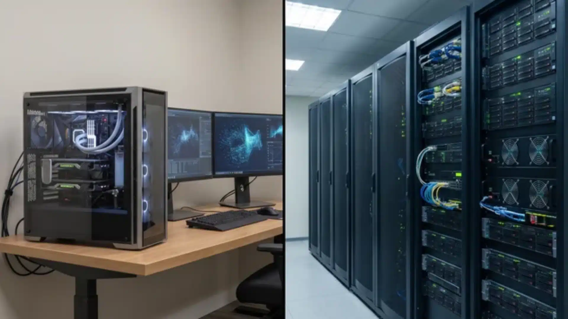 Split scene showing a GPU desktop computer and a server rack setup representing two AI video generation paths
