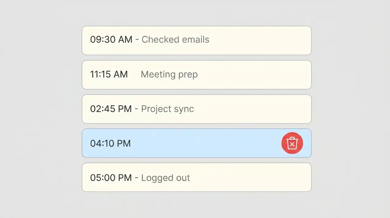 Timestamped activity log entries with a delete control highlighted at one item