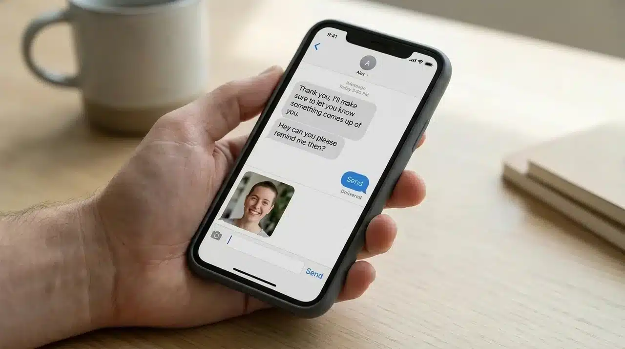 Smartphone with a portrait photo attached to an open chat input field, resting on a desk.