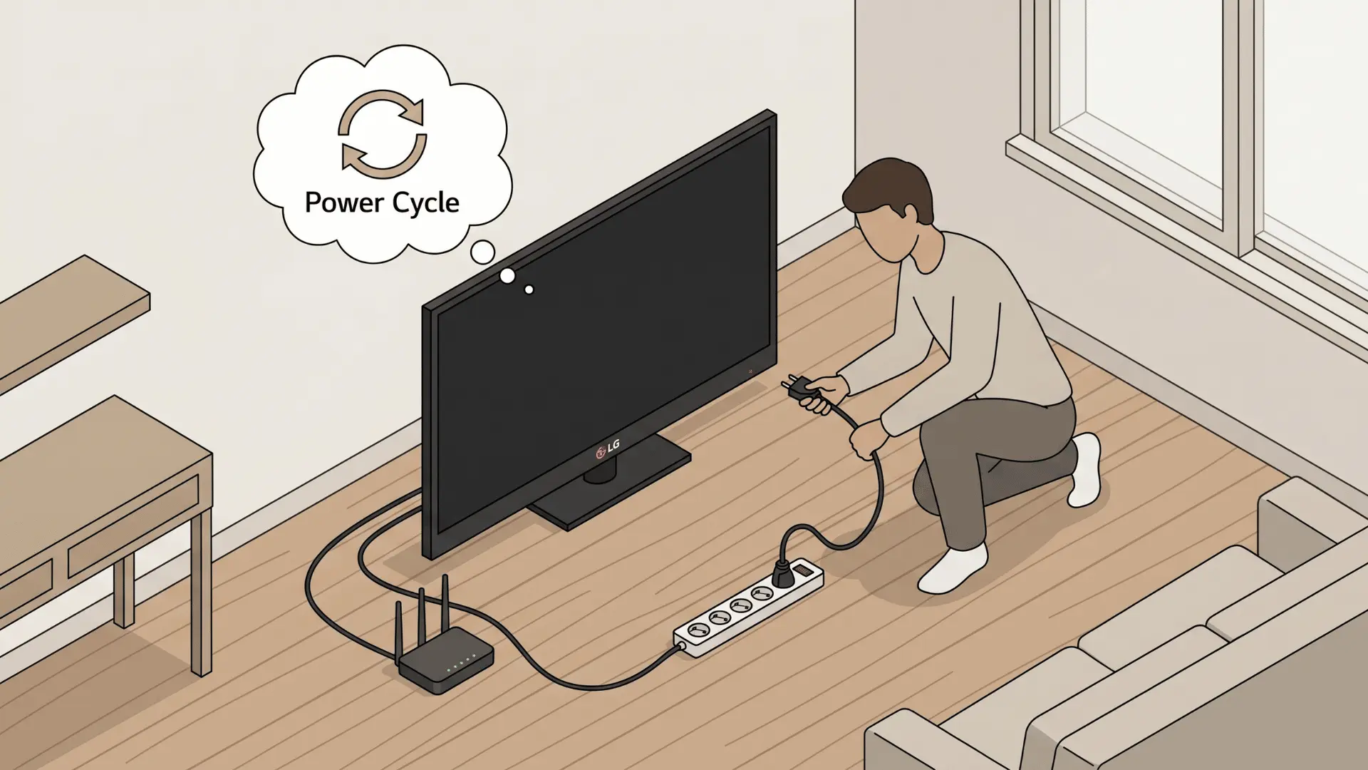 Visual guide showing steps to fix LG TV WiFi issues including power cycle, DNS, router, firmware update