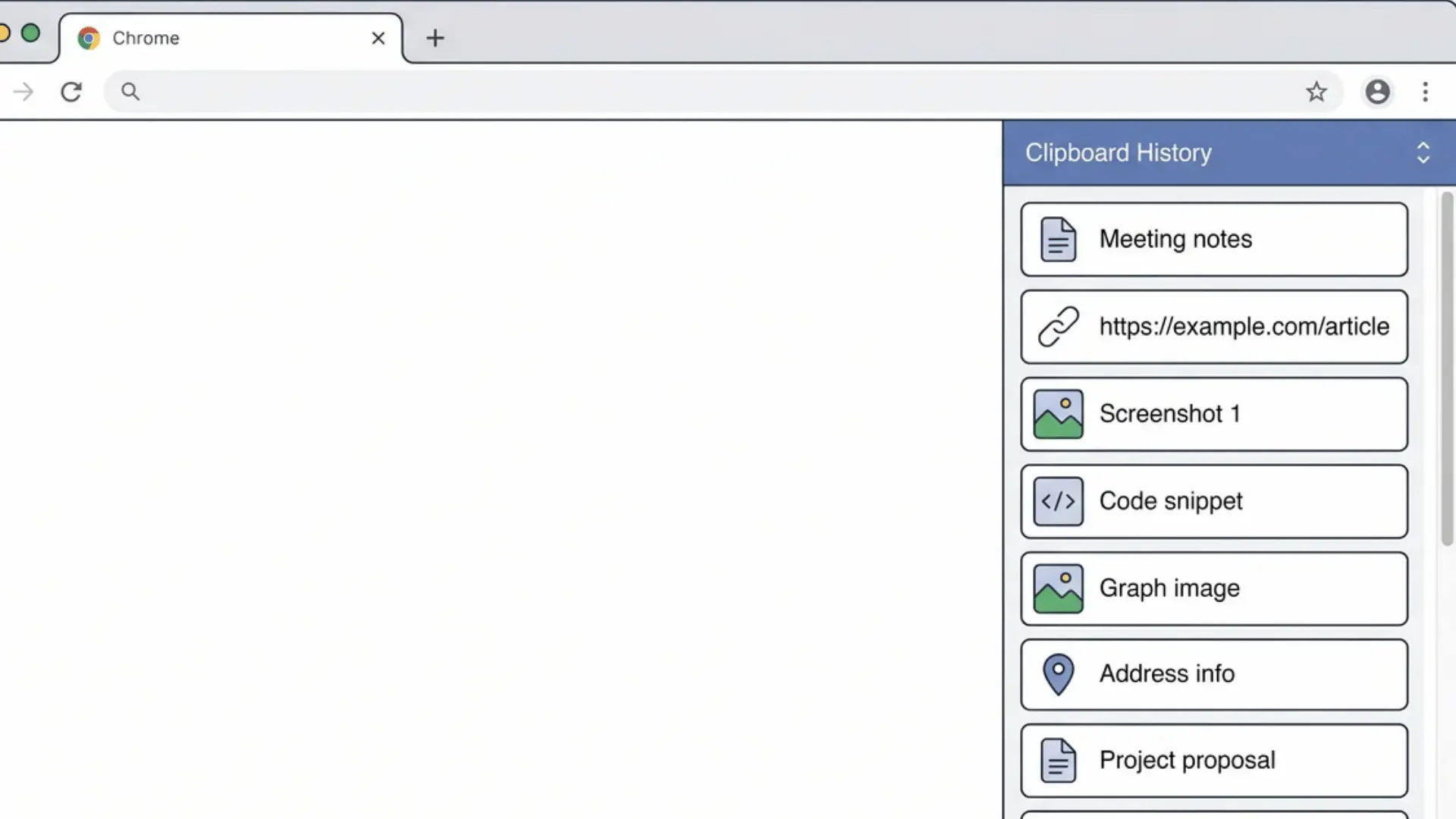 Clipboard manager extension showing extended clipboard history with copied text, links, and images