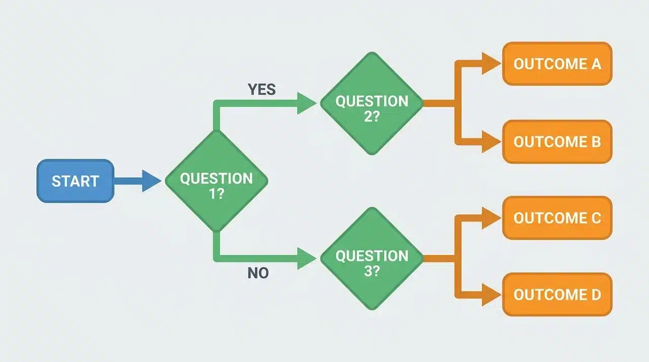 Decision flowchart with three questions branching into four software category outcomes
