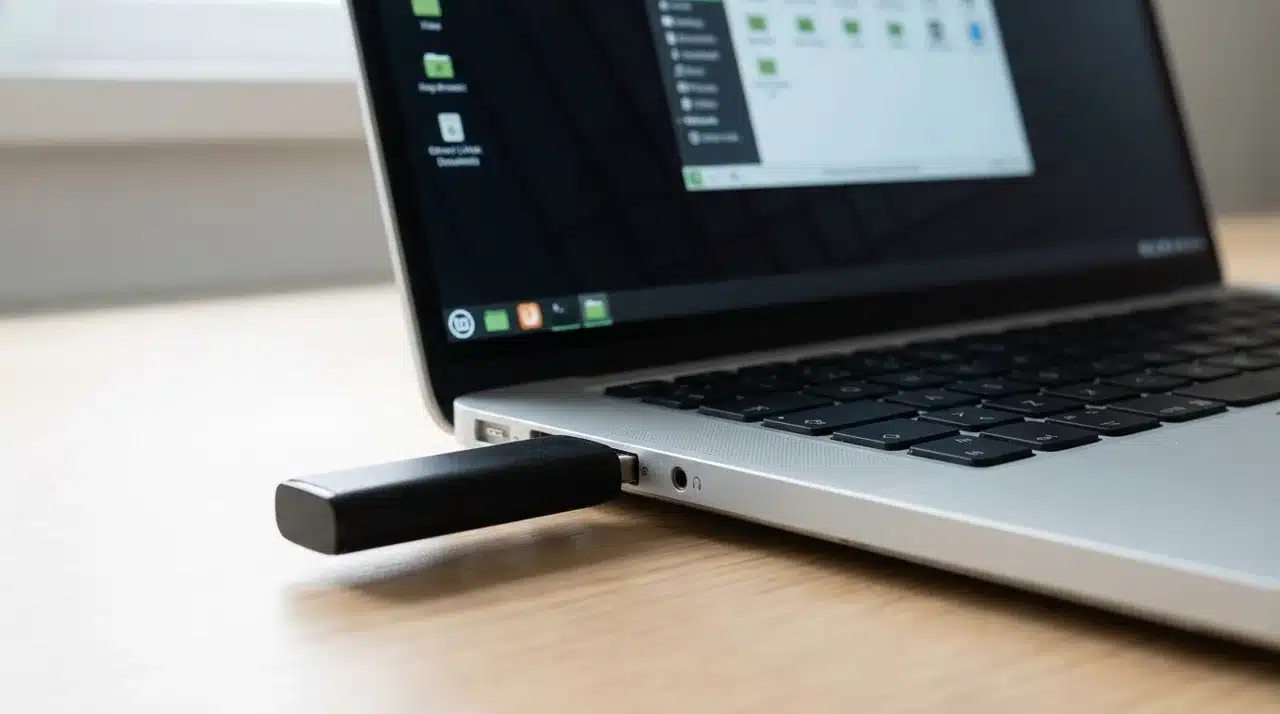 USB drive inserted into a laptop port with a Linux desktop visible on the screen.