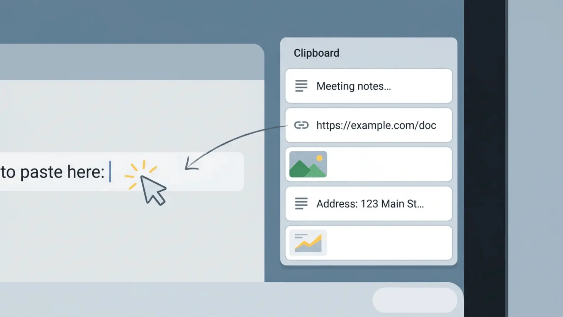 Chromebook clipboard history panel with copied text, links, and images beside a text cursor